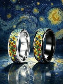 1PC Retro Van Gogh Starry Night Sunflower Pattern Stainless Steel Men Ring, Art Style Unique Men Jewelry, Daily Wear Anniversary Gift - Ring - View 1