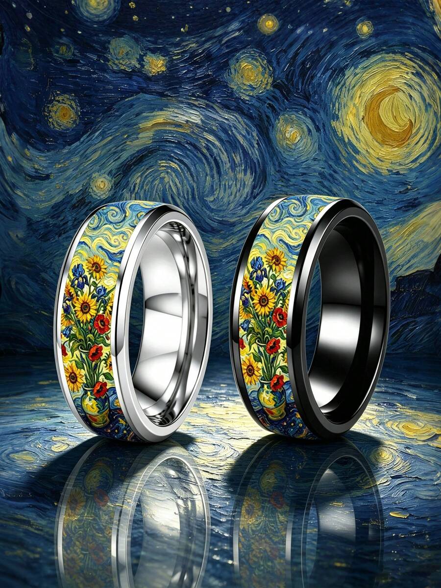1PC Retro Van Gogh Starry Night Sunflower Pattern Stainless Steel Men Ring, Art Style Unique Men Jewelry, Daily Wear Anniversary Gift - Ring - View 1