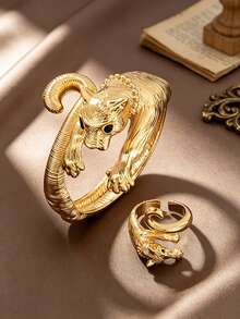 Letingsha Leopard Print Bracelet And Open Ring Set, Gold-Plated Black Enamel Spotted 3D Animal Design, Adjustable Fashion Jewelry Set, Suitable For Women's Banquet, Party And Daily Wear - Yellow Gold - View 1