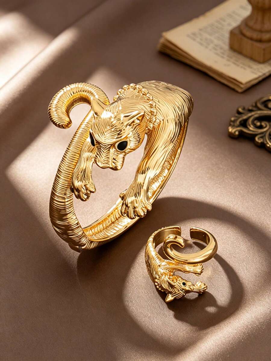 Letingsha Leopard Print Bracelet And Open Ring Set, Gold-Plated Black Enamel Spotted 3D Animal Design, Adjustable Fashion Jewelry Set, Suitable For Women's Banquet, Party And Daily Wear - Yellow Gold - View 1