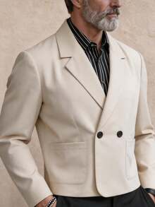 GOLDREDY Korean Style Short Men's Blazer, Premium Double-Breasted Casual Suit Jacket, Loose Fit Lapel Collar, Cool & Edgy - Apricot - View 3