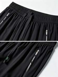 Women's Black High Elasticity Running Pants, Long Woven Fabric Sports Trousers With Drawstring And Side Zipper Pockets - Black - View 6