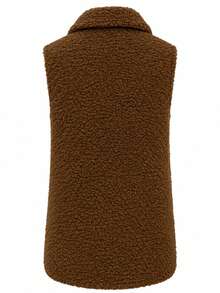 Plus Size Teddy Fleece Vest With Lapel Collar, Front Button Sleeveless Lambswool Vest With Pockets, Casual Warm Outerwear For Autumn/Winter - Brown - View 4