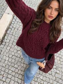 SUNSTORY Women's Autumn Burgundy Cable Knit Sweater, Round Neck 3D Pom-Pom Loose Pullover Top, Casual Basic Style, Suitable For Outings, Graduation Ceremonies, Concerts, Daily Commute - Burgundy - View 6