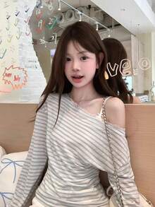 Design Lace Trim One Shoulder Fitted Cover-Up Top Women Autumn New Style Lazy Korean Striped Long Sleeve T-Shirt - Blue and White - View 8