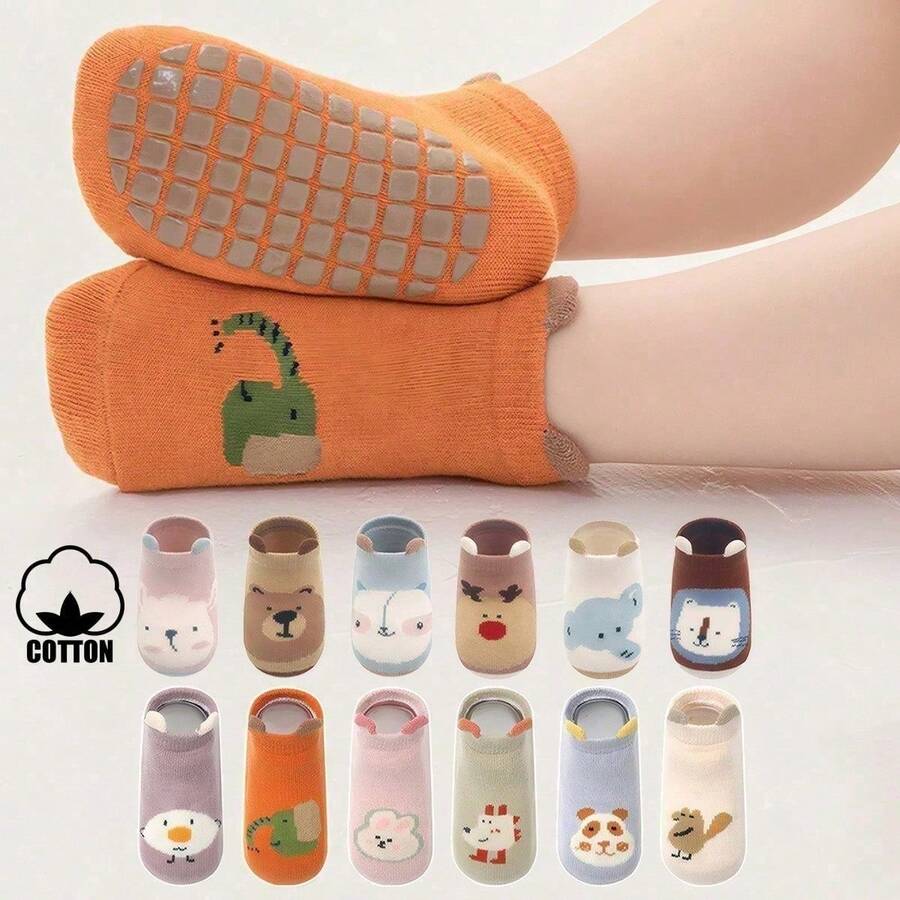 12 Pairs Cotton Baby Floor Socks, Non-Slip Anti-Cold Dot Grip Seamless Cartoon Cute Toddler Learning To Walk Socks - Multicolor - View 1