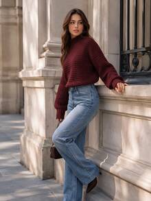 Sweater Rajut Wanita Musim Gugur Model Leher Tinggi Berkerut Lengan Panjang Warna Merah Longgar Atasan Rajut Model Pullover Modis untuk Pakaian Sehari-hari dan Liburan Musim Gugur - Merah - View 9