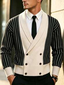 Autumn/Winter New Men's British Style Vintage Knit Striped Colorblock Cardigan Sweater - Black - View 5