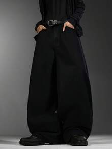 Men's Cool American Wide Leg Jeans, Textured Rhinestone Details, Loose Comfy Versatile All-Season Casual Pants (No Belt & Accessories Included) - Black - View 2
