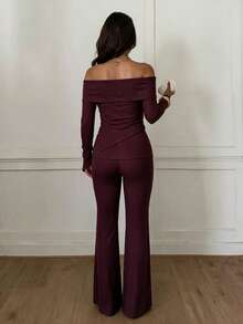 Women's Burgundy Asymmetric Hem Off-Shoulder Long Sleeve Top And Pants 2 Pieces Set, Elegant Casual Date Night Outfit, Christmas New Year Autumn/Winter Red Outfit, Vintage Style - Burgundy - View 2