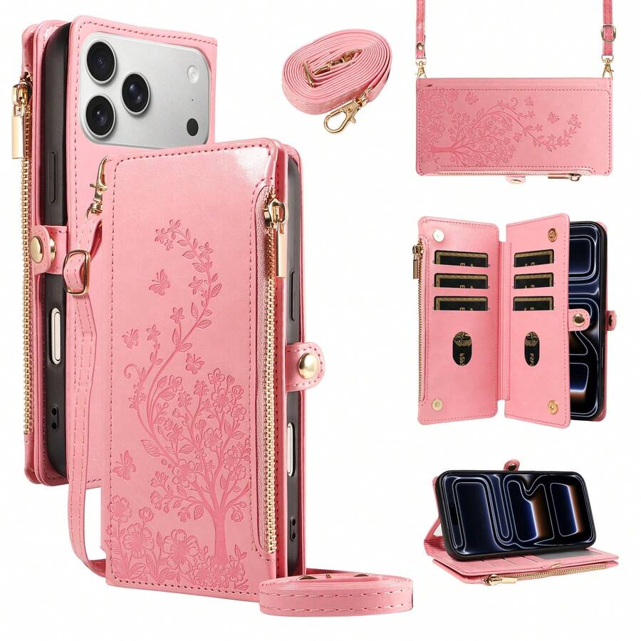 1pc Embossed Zipper Wallet Phone Case Compatible With Apple 18 Pro Max, A57, Note 15 PRO, Faux Leather Portable Crossbody Coin Purse Protective Cover (Global Version, Not Local Model)