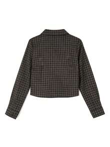 Korean Style Vintage Plaid Slimming Versatile Collared Button-Up Shirt Blouse - Black - View 2