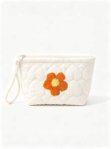Quilted Heart-Shaped Makeup Bag With Knitted Flower, Lipstick Storage Pouch, Soft Candy Color Toiletry Bag, Multiple Colors Available, Perfect Gift For Middle East National Day, Halloween, Christmas - Multicolor - View 15