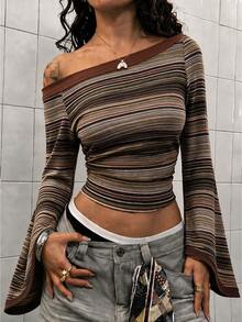 Women's Vintage Colorful Striped Bell Sleeve Top, Asymmetrical Shoulder Fitted Cropped Long Sleeve T-Shirt - Multicolor - View 1