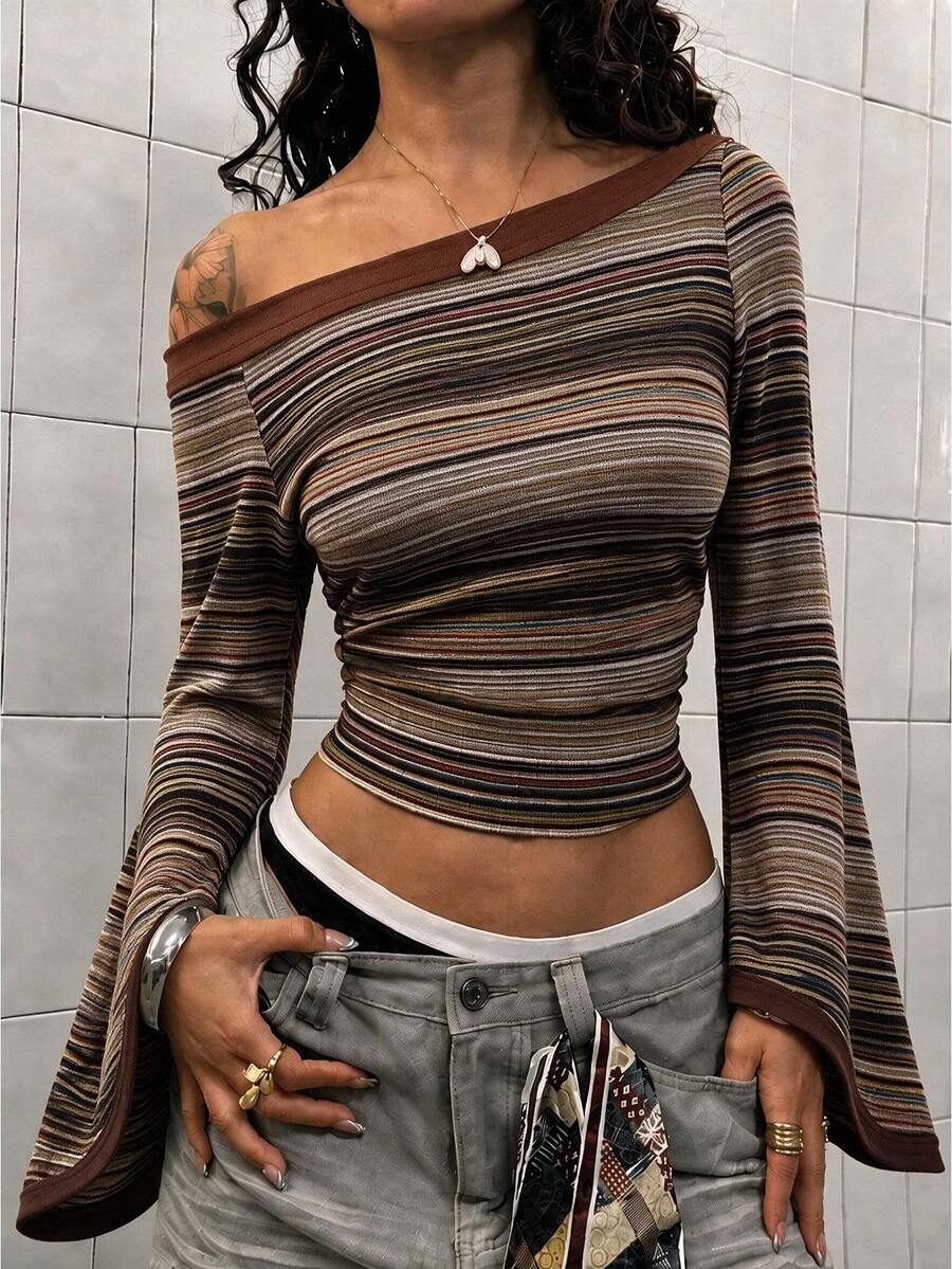 Women's Vintage Colorful Striped Bell Sleeve Top, Asymmetrical Shoulder Fitted Cropped Long Sleeve T-Shirt - Multicolor - View 1