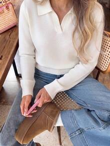Just Masa Women's Fall Casual POLO Collar Simple Basic Sweater Pullover,Long Sleeve Solid Color Rib-Knit White Top,For Going Out,Office,Daily Wear - White - View 10