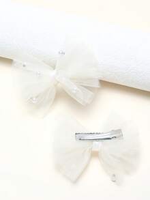 2pcs/Pack White Sheer Mesh Pearl Hair Clips, Mother's Day Kids Hair Accessories, Wedding Season Gift - White - View 7