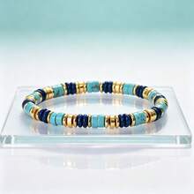 Vòng tay co giãn hạt đĩa đá ngọc lam tự nhiên & đá lapis lazuli, vòng tay phong cách Bohemian thu hút tài lộc có thể đeo chồng, trang sức nam thời trang hằng ngày đa năng làm quà tặng - Nhiều màu - Xem 5