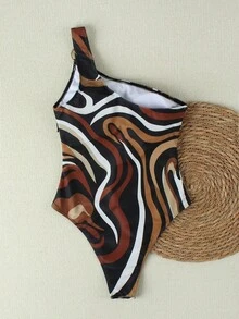 HOTTIE HABIT Abstract Wave Print One Shoulder Monokini, Metal O-Ring Strap High Cut Swimsuit, Women's Retro Colorblock Swimwear, Suitable For Beach, Pool, Vacation - Multicolor - View 5