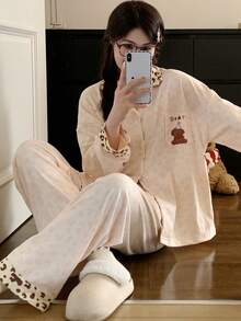 2pcs/Set Women's Pajama Loungewear Set, New Cardigan Lapel Animal Print Long Sleeve Long Pants, Easy Care Fabric - Champagne - View 11