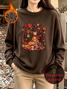 Sweater Rajut Imitasi Kasual Retro Ukuran Plus Wanita dengan Leher Bulat dan Gambar Kucing Lucu, , dan Pohon Maple - Sempurna untuk Busana Musim Gugur. - Coklat - View 8