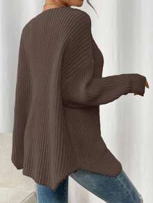 Autumn New Arrival Leisure Trip Dating Plus Size Friendly Hollow Loose Hide Fat Off Shoulder Long Knit Sweater [Back To School Season] - Coffee Brown - View 3