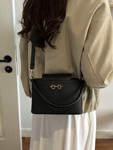 Women Vintage Textured Top‑Handle Handbag Luxury Gold Metal Decor Crossbody Shoulder Bag Daily Purse - Black - View 5