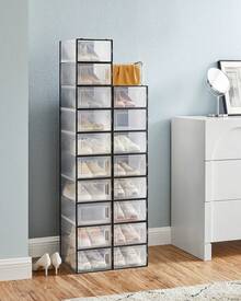 SONGMICS Cajas de Zapatos Plástico, Juego de 18 Organizadores de Almacenamiento, Caja Zapatero Plástico Plegable y Apilable para Zapatillas hasta talla 44, Transparente y Negro LSP18SBKV1 - Ver 3