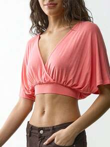 Fashionable Women's Orange-Pink Back To School Deep V-Neck Knit Elegant Batwing Sleeve Cropped Top Summer - Coral Pink - View 7