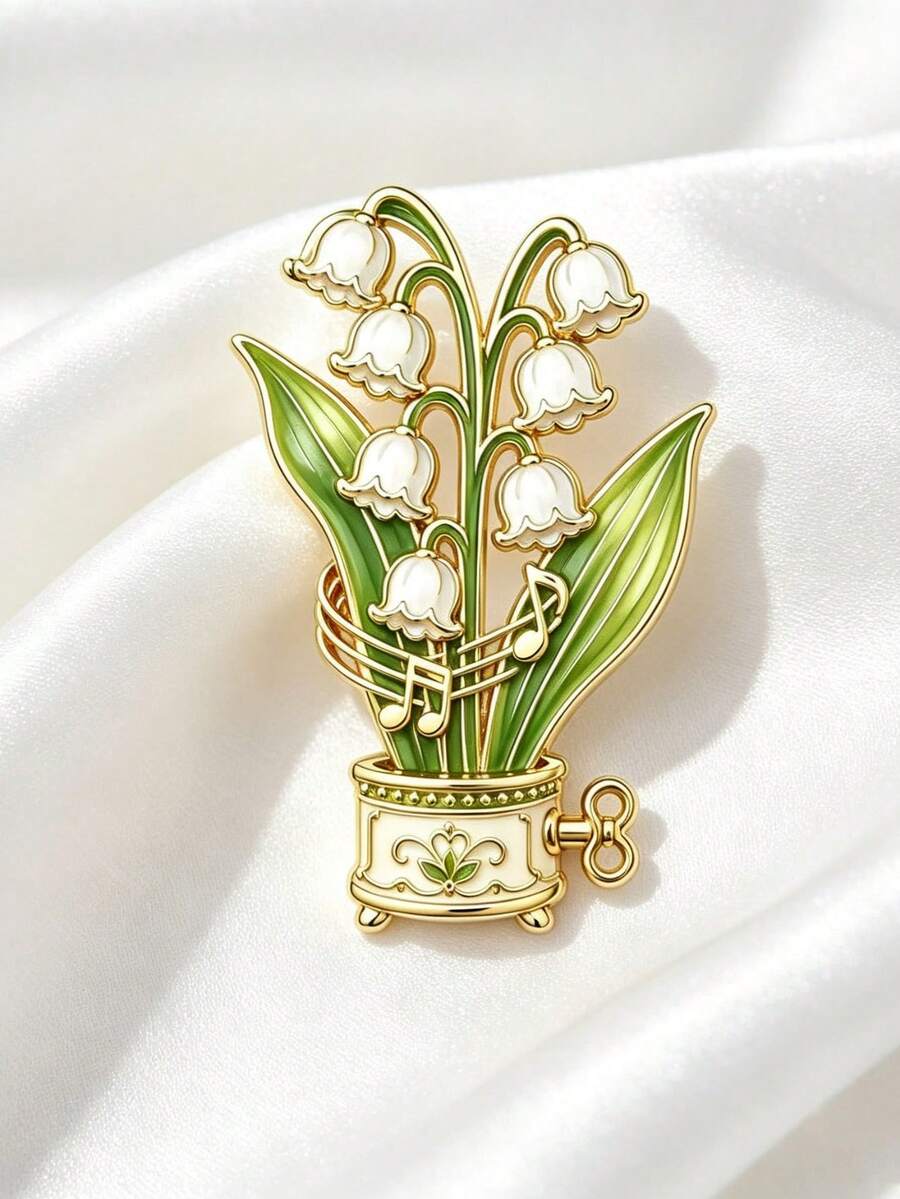 Lily Of The Valley Music Box Shaped Asymmetrical Brooch With Musical Note And Green Leaf Potted Plant Pattern, Fresh Artistic Decorative Accessory For Coat, Scarf And Canvas Bag - A - View 1