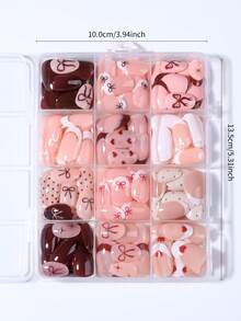 288pcs Short Oval Striped Bow Polka Dot Heart French Press-On Nails, Easy To Wear And Remove, Suitable For Daily Use And Valentine's Day - Multicolor - View 5