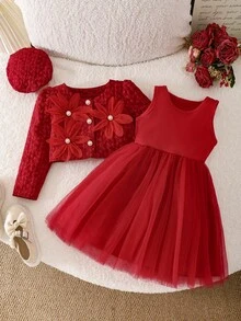 Girls' Vintage Red 3-Piece Formal Outfit Set, 3D Floral Pearl Short Jacket + Ethereal Tulle Dress, Matching Beret, Textured Jacquard Fabric, Puff Sleeve Design, Festive And Flattering, Suitable For Birthday Parties, Princess Style - Red - View 1