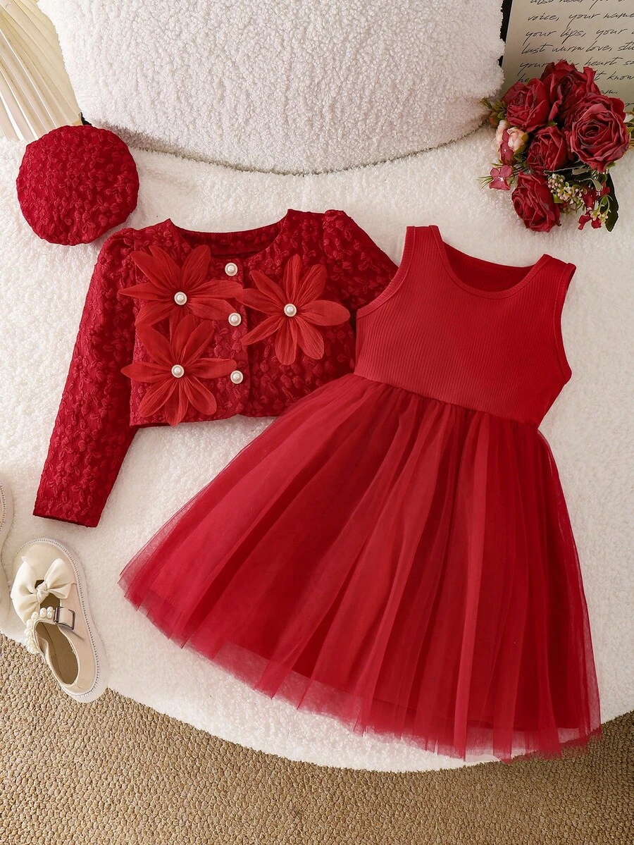 Girls' Vintage Red 3-Piece Formal Outfit Set, 3D Floral Pearl Short Jacket + Ethereal Tulle Dress, Matching Beret, Textured Jacquard Fabric, Puff Sleeve Design, Festive And Flattering, Suitable For Birthday Parties, Princess Style - Red - View 1