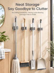 1/2pcs Bathroom Mop Holder, No-Drill Mop Storage Rack, Strong Adhesive Mop Clip Organizer, Suitable For Bathroom And Kitchen, Practical Hook - Storage Rack - View 1