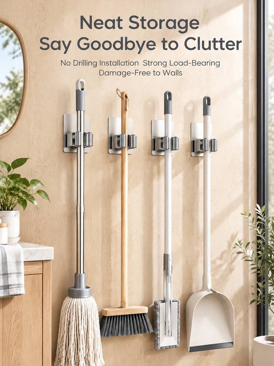 1/2pcs Bathroom Mop Holder, No-Drill Mop Storage Rack, Strong Adhesive Mop Clip Organizer, Suitable For Bathroom And Kitchen, Practical Hook - Storage Rack - View 1