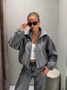 2026 Autumn New Women's Wool Blend Long Sleeve Stand Collar Soft Flight Jacket Coat, Autumn/Winter Top - Grey - View 2