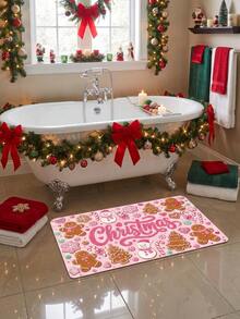 1 buah Keset Pintu Motif Natal Merah Muda Cetak Datar 2D, Pola Manusia Kue Jahe dan Manusia Salju, Karpet Suasana Liburan, Karpet yang Dapat Dicuci dengan Mesin, Cocok untuk Dekorasi Rumah, Pintu Masuk, Lorong, Kamar Mandi, dan Balkon - A - View 5