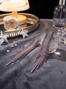 New Luxury Style Pink & White Gradient Full Rhinestone Tassel Earrings For Women, Long Multi-Layer Chain Design, Versatile Earrings For Evening Gowns & Formal Events - Black-purple Gradient - View 2