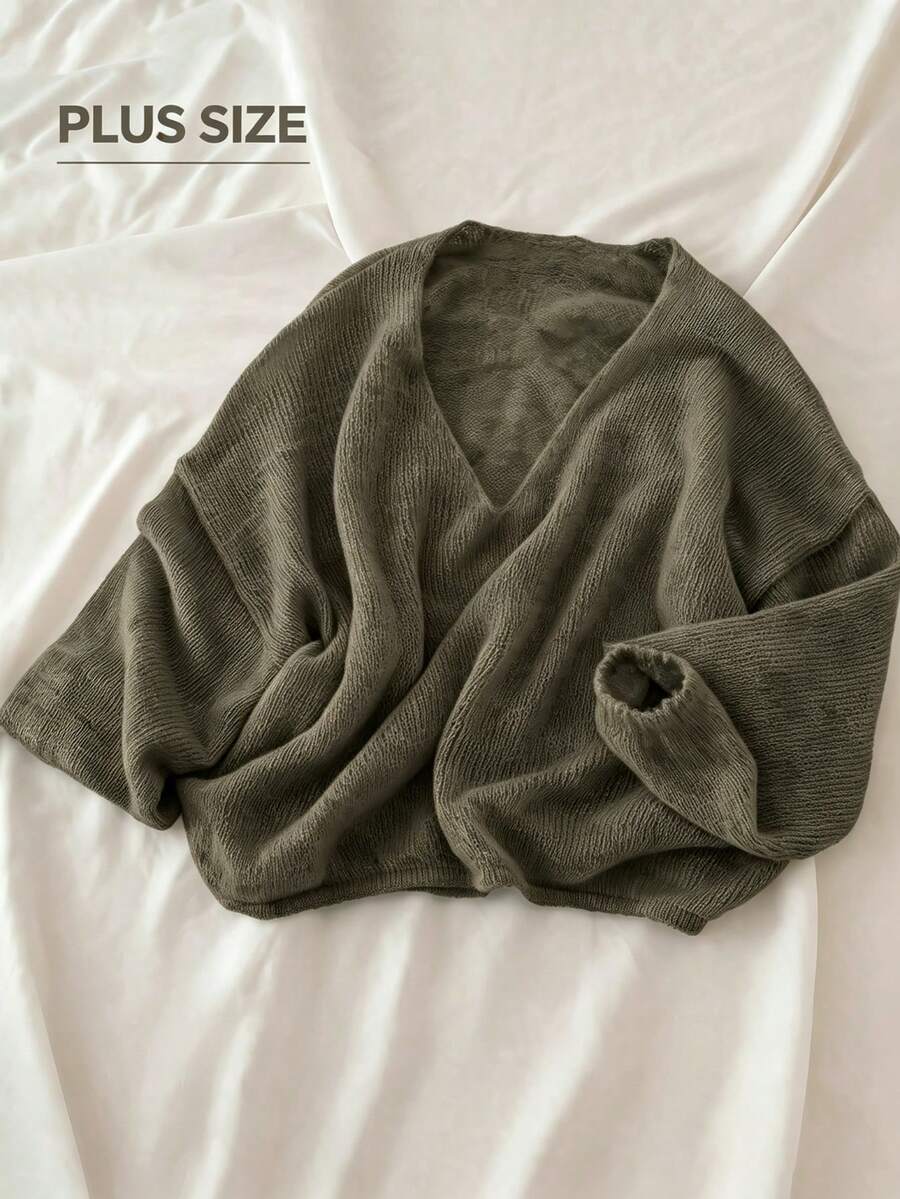 Women's Plus Size Olive Green V-Neck Dropped Shoulder Long Sleeve Ribbed Knit Pullover, Comfortable Casual Y2K Fashion Style, Suitable For Halloween, Christmas, New Year, Autumn/Winter - Dark Green - View 1