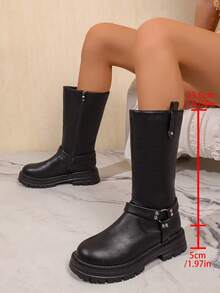 2026 Women's Boots Fashion Versatile Round Toe Thick Sole High-Top Mid-Calf Boots With Buckle And Pleated Design - Black - View 6
