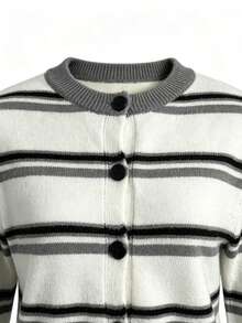 Women's European & American Style Colorblock Striped Cardigan, Slim Fit Layering Knit Sweater, Long Sleeve Open Front Top, Essential For Early Autumn And Late Winter, High-End Look - White - View 4