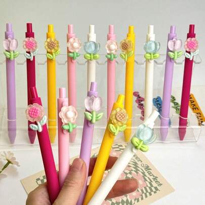 12pcs Creative Flower Theme Retractable Ballpoint Pens, Cute Floral Quick-Dry Black Ink 1.0mm Smooth Writing Office Supplies, Learning Supplies, Teacher Gifts, Student Gifts, Back To School Season