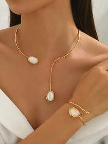 1 Set 2pcs Minimalist Elegant Vintage Oval White Resin Asymmetrical Bracelet & Necklace Jewelry Set, Suitable For Women's Daily Commute, Evening Party, Autumn/Winter Atmosphere Accessories - White - View 1