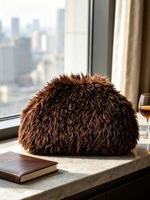 Women Clutch Handbag,Plain Faux Long Curly Mongolian Fur,Top Opening,Portable Storage,Luxury Fluffy Style,Evening Party Fall Winter Bag For Ladies - Coffee - View 7