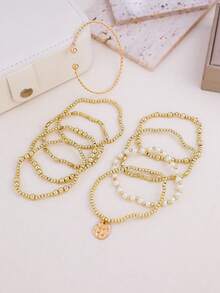 9pcs Bohemain CCB Faux Pearl Bracelet Set Cross Multi-Layer Stackable Bracelets For Women Vintage Party Wedding Jewelry Gifts - Yellow Gold - View 3
