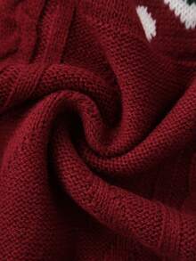 Plus Size Women's Christmas Gingerbread Man Cable Sweater, Vintage Loose Crew Neck Cable Knit Lazy Knit Top - Red - View 10