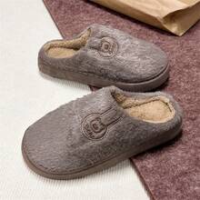 Autumn/Winter Unisex Plush Slippers With Bear Embroidery Design, Thick Sole, Thermal Lining, Skin-Friendly, Warm, Closed-Toe Indoor Slippers, Non-Shedding, Machine Washable, Home Thermal Slippers - Coffee - View 7