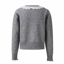 Elegant Women's Grey Cardigan Sweater With Delicate Contrast Lace Collar And Cute Bow, Perfect For Autumn/Winter - Grey - View 5