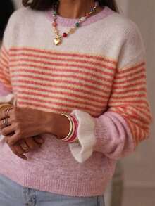 Just Masa Women's Fall Casual Colorblock Stripe Sweater,Long Sleeve Frill Trim Cuff Round Neck Rib-Knit Pullover,For Daily Wear,Going Out,Commute - Colorful Stripes - View 4