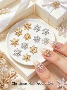 5pcs Gold & Silver Rhinestone Christmas Snowflake Nail Art Decorations, Assorted Zirconia Snowflake Nail Gems, Minimalist Versatile Y2K Metal Rhinestones, Multi-Functional DIY Nail Decor Accessories, False Nail Art Supplies - Multicolor - View 8